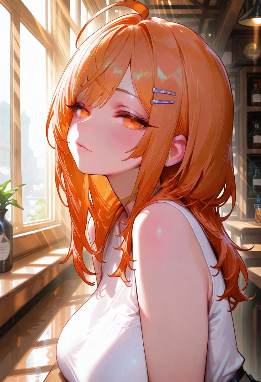 gorgeous girl, kawaii girl, cute face, masterpiece, best quality, very awa, absurdres, 748cmstyle, usnr, masterpiece, best quality, Good quality, very aesthetic, absurdres, newest, light rays, looking at viewer, direct mesmerizing gaze, gradient color, erotic,
BREAK,
ultra-detailed, 8K, <lora:add-detail-xl:-1.5>, illustration, CG, ultra-detailed-eyes, detailed background, ambient occlusion, raytracing, soft lighting, absolutely eye-catching, intricate cinematic background, (beautiful face), eyelashes, erotic, looking seductive, coy. dynamic action image, detailed face, detailed eyes,
BREAK,
(sexy, slutty, hot, aroused),
BREAK,
Hololive_Ririkarika, long hair, hairclip, orange hair, multicolored hair, orange eyes, large breasts, ahoge, 1 girl, bar, view from the side, flushed face, blushed, looking at viewer
