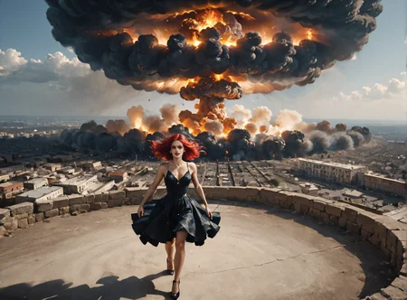 score_9, score_8_up, score_7_up, Fighting scene, shot from above, looking up against all odds, hands of power, 1woman, pale skin, medium breasts, lollita dress, black dress, lollita fashion accessories, red details, crimson red hair, black highlights, <lora:Nuclear_Explosion:1> Nuclear Explosion, Blue Nuke, Nuclear Explosion in the Background,highly detailed