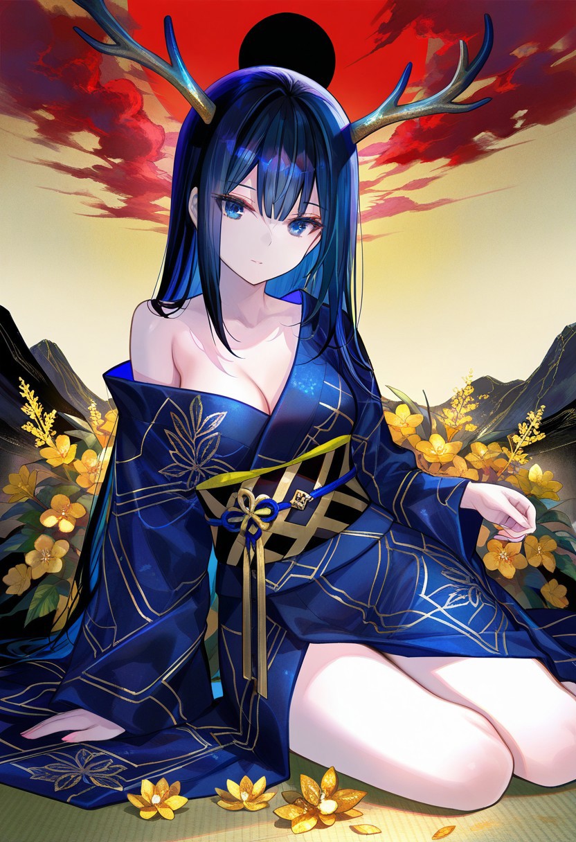 (Opening:0.0), 
1girl, masterpiece,best quality,amazing quality, 
(Artists:0.00), 
fuzichoco, 
(Traits:0.0), 
antlers, dark blue hair, small breasts, (pale skin:0.8), (blue eyes:0.8), 
(Dress:0.0), 
Yukata, off shoulder,
(Scene:0.0), 
Red clouds, black stars, black moon, yellow background, gold flowers, yokozuwari, gradient background