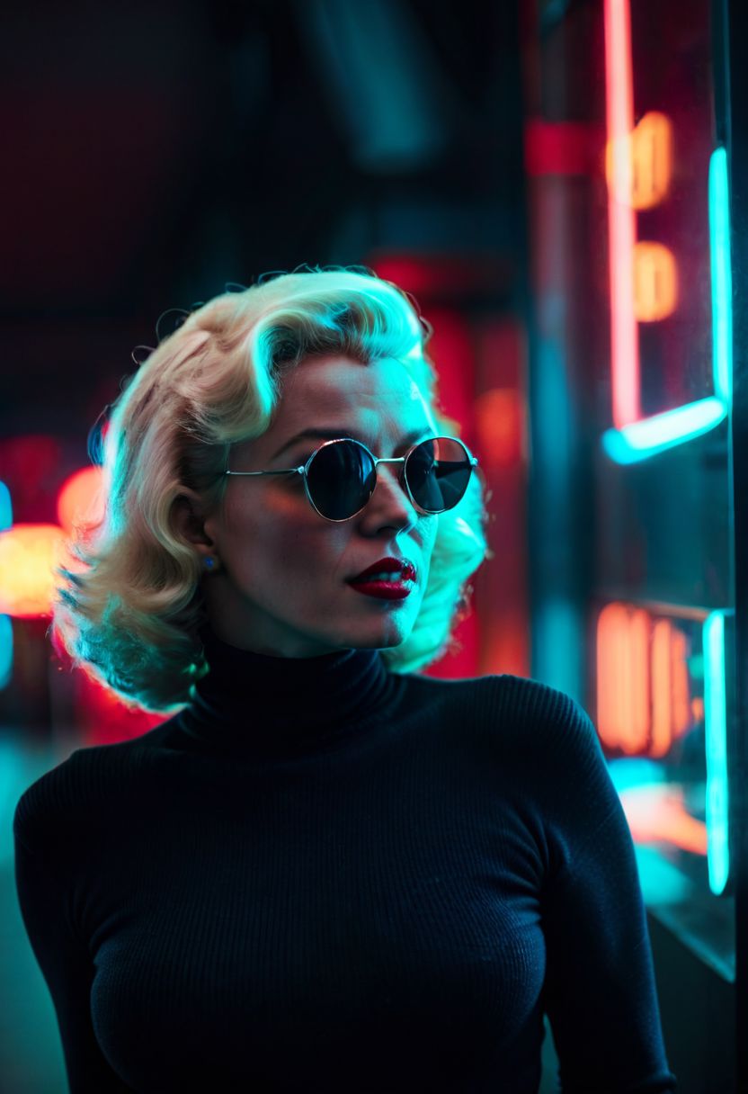 cinematic photo, neon lights, portrait photo of Marylin Monroe in her 20s wearing a (black turtleneck:1.2) and sunglasses, highly detailed, depth of field, fflix-npt
