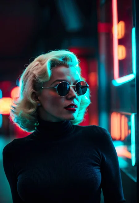 cinematic photo, neon lights, portrait photo of Marylin Monroe in her 20s wearing a (black turtleneck:1.2) and sunglasses, highly detailed, depth of field, fflix-npt