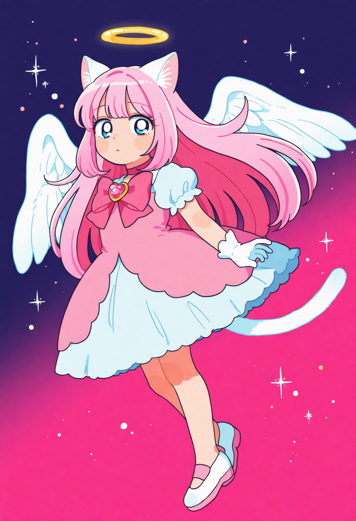 best quality, amazing quality, very aesthetic, absurdres,
BREAK
1girl, angel wings, animal ears, blue eyes, cat ears, cat girl, cat tail, dress, long hair,
looking at viewer, magical girl, pink hair, pink theme, solo, tail, wings, yume kawaii, yume ne,  <lora:Sihyun25Noob_byKonan:1>