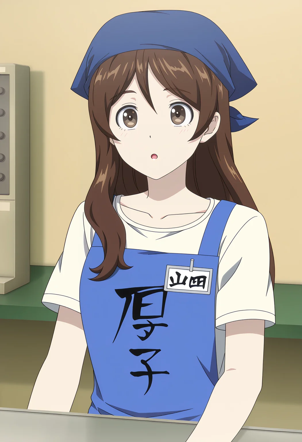 <lora:YAMADA_illustrious-000056:1>,
YAMADA,solo,name tag,apron,shirt,blue apron,white shirt,short sleeves,anime coloring,employee uniform,upper body,open mouth,:o,collarbone