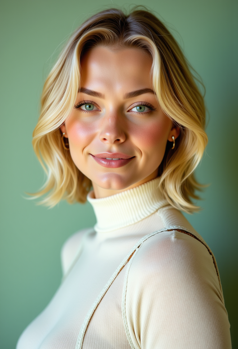 headshots,Hyperrealistic, she is smiling, dynamic angles, multiple angles, photoshoot poses;  A photo of BLF01HD, a woman with blonde hair and green eyes,  a woman wearing a white turtleneck and busty breasts, Simple light green background, and the lighting is soft, creating a dramatic effect., creating a focused and dynamic pose.; the scene is set in a beautiful well-lit environment, with a sense of action and adventure. Style: realistic hyper-detailed rendering, 32k UHD, expressive eyes, punk, graphic design, girl's face, pretty and cute, gleaming lips, telling a tale of adventure. Exuding confidence and serenity. The overall mood of the image is happy and relaxed, detailed skin texture,(blush:0.2),(goosebumps:0.3), subsurface scattering,with a playful and whimsical tone,perfect hand, hand, detailed hand,niji style,retro50s_style,