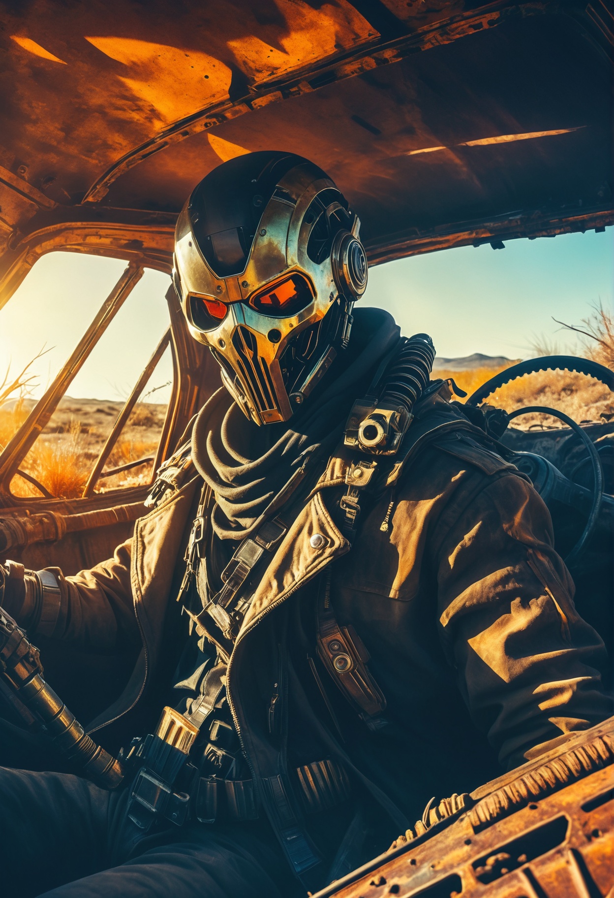 illustration, concept art, a portrait of a lone figure with a fierce expression wearing a post-apocalyptic outfit, the wasteland, rusty car, reclaimed by nature. (science fiction). <lora:futuristic_stlye:1>
vivid colors, stunning background. warm and bright sunlight, a mesmerizing blend of light and shadow. masterpiece, absurdres, intricate details, film grain, dynamic range