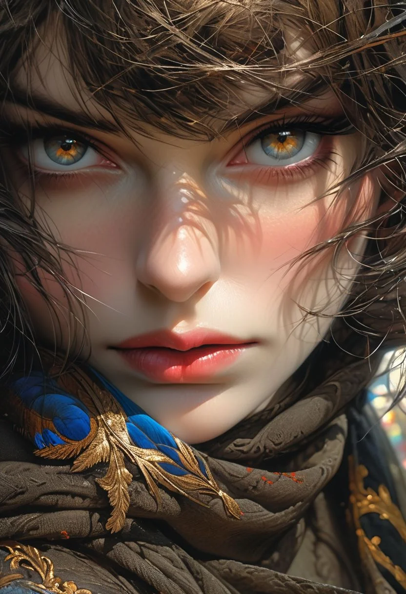 NijiEX style, fine art, intricate, black hair, Big eyes, perfecteyes, steel blue eyes, lighting from behind, bokeh, f1.4, 40mm, photorealistic, raw, 8k, textured skin, intricate details, penetrating gaze, delicate skin, fine details, circle lighting, high contrast:1.2), bokeh, f1.4, 40mm, photo-realistic, raw, 8k, intricate details, a highly detailed studio photograph, overflowing with intricate details, retouched by the masterful hand of David Bellemere, Nobuyoshi Araki, Alessio Albi, Luis Royo, Pinot Daeni, Josephine Wall, Jan Saudek, Hans Bellmer, Guido Argentini, Santiago Caruso, Stefan Gesell, Rebeca Saray, Jean-Baptiste Monge award-winning, dynamic, organic, wide lighting, double exposure, stunning, exquisite, detailed face, irresistible, majestic, attention-grabbing, magnificent, very stylish, beautiful, delightful, mesmerizing, very attractive, juicy, radiant, radiancegilded age, portrait, hero, bard like, renaissance pose, beautiful face, brown hair, epic shot, bronze dress ,armor, velvet cloak, sharp focus, , giovanni boldini, Jeremy Mann, Carne Griffiths, miciangels, Robert Oxley. mucha, raphael, caravaggio, greg rutkowski, beeple, beksinski, Rich, deep colors. Cell-shaded layered image. Beautiful face, perfect anatomy, perfect eyes, detailed eyes, golden ratio, award-winning, professional, highly detailed, centered, symmetry, painted, intricate,