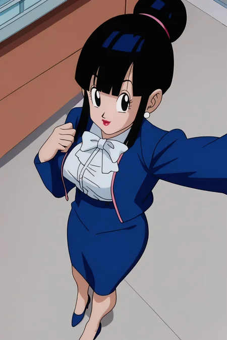 source_anime, score_9, score_8_up, score_7_up, anime screencap, absurdres, official style,
chi-chi, bangs, black hair, blunt bangs, sidelocks, hair bun, single hair bun, black eyes,
1girl, solo,outdoors, city, selfie, from above, 
broly movie, bowtie, blue jacket, open jacket, long sleeves, white shirt, dress shirt, pencil skirt, blue skirt, high-waist skirt, high heels, blue footwear,
 <lora:chichi_pony_v2:0.8>