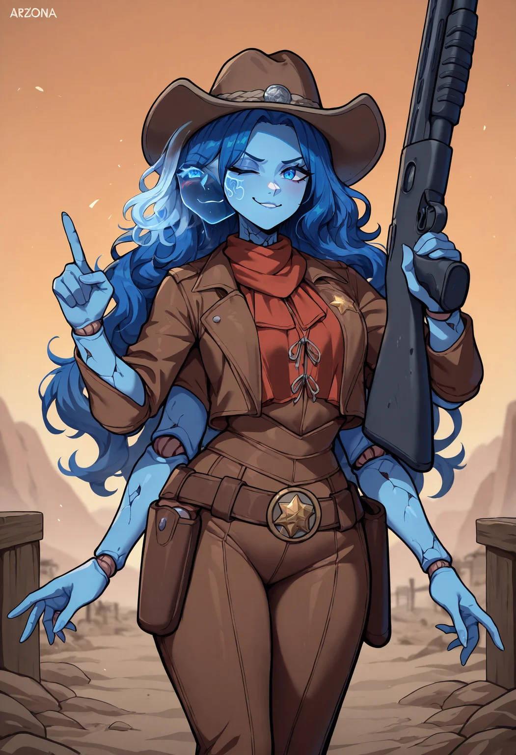 masterpiece, best quality, newest, absurdres, highres, 1girl, RnnDef, blue eyes, one eye closed, blue hair, wavy hair, (4 arms:1.2), extra faces, ghost face, blue skin, colored skin, cracked skin, doll joints, <lora:Ranni_illusXLNoobAI_Incrs_v1-000012:1>, dynamic pose, smirk, shotgun, pump action, holding gun, (huge gun:1.2), sheriff, western, arizona, cowgirl \(western\),