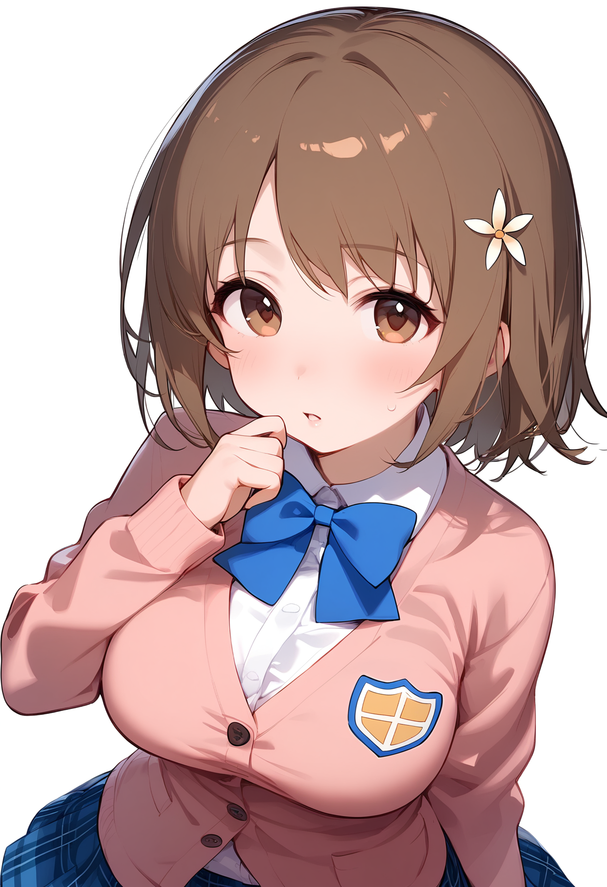 1girl,
mimura kanako,


solo, blush, looking at viewer, pink cardigan, white shirt, simple background, large breasts, blue bowtie, long sleeves, hand up, blue bow, bow, blue skirt, skirt, open cardigan, white background, plaid, hair ornament, collared shirt, brown hair, parted lips, shirt, upper body, breasts, bowtie, hair flower, open clothes, plaid skirt, short hair, flower, cardigan, brown eyes,

sfw
<lora:a31_char_new_mimura_kanako-000022:1> <lora:a31_style_koni-000010:0.8>