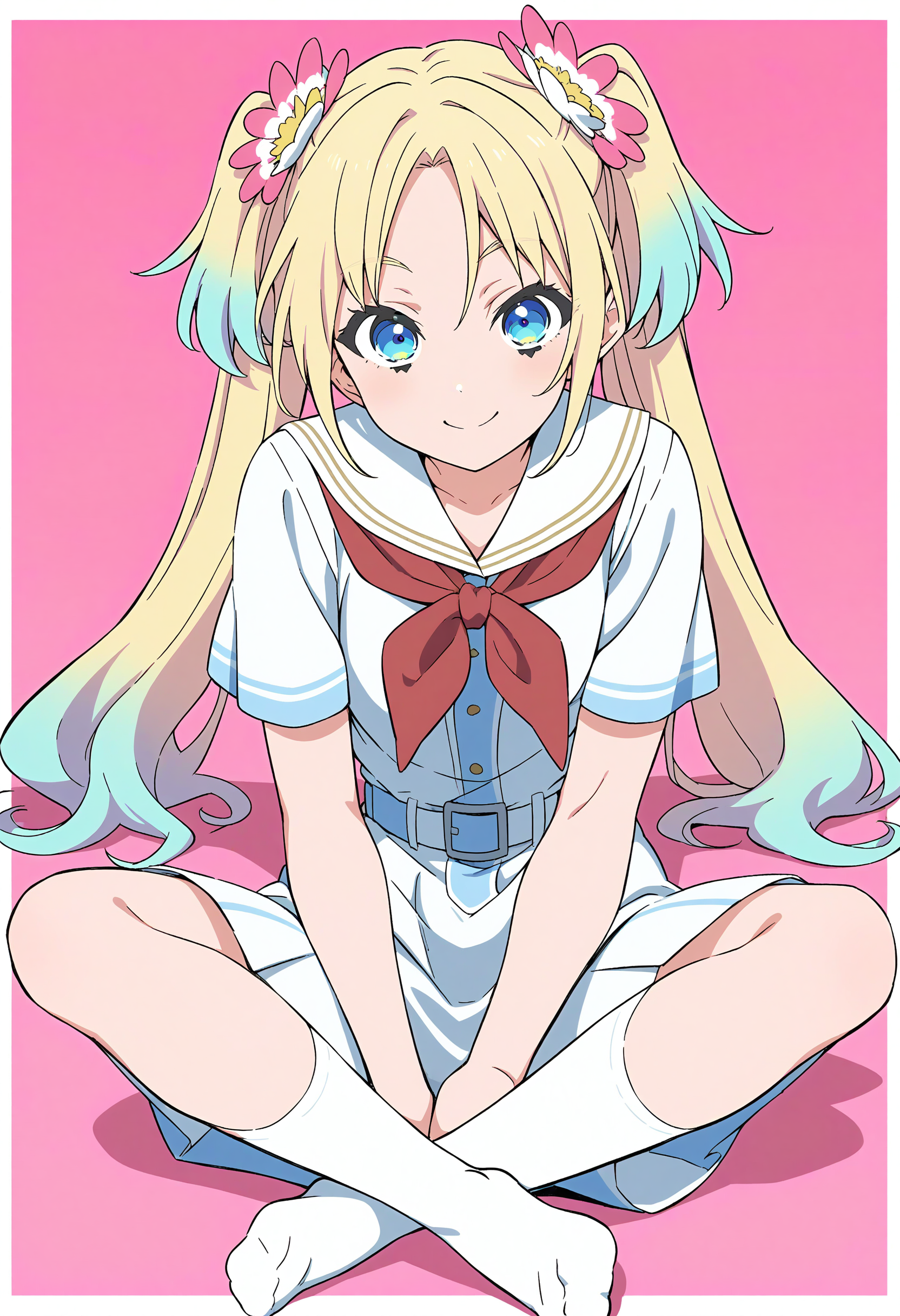 1girl, best quality, masterpiece, anime, anime coloring, simple background, pink background, pink theme, outside border,
<lora:A_XL_Osawa Rurino v3_Animagine31:1> osawa rurino, link! like! love live!, blonde hair, long hair, blue eyes, hair ornament, multicolored hair, gradient hair, twintails, parted bangs, double twintails, cute,
summer uniform, hasunosora school uniform, short sleeves, red neckerchief, white shirt, white skirt, sitting, (indian style:1.2), full body, white socks, looking at viewer, smile,