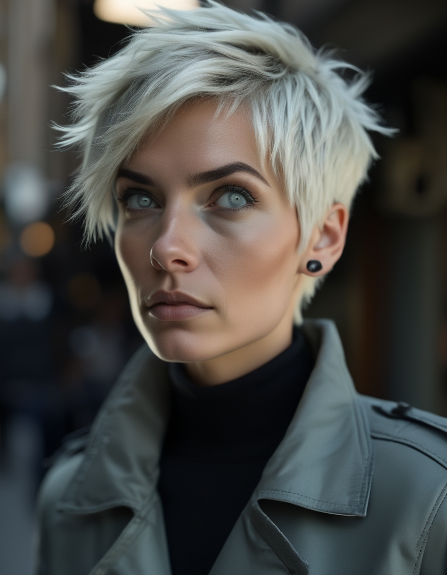 A mysterious close-up of a woman with platinum blonde hair styled in a pixie cut, her sharp features and cool grey eyes shaded in deep shadows, her expression unreadable as she looks off to the side. <lora:usual-portrait-v2:1>
