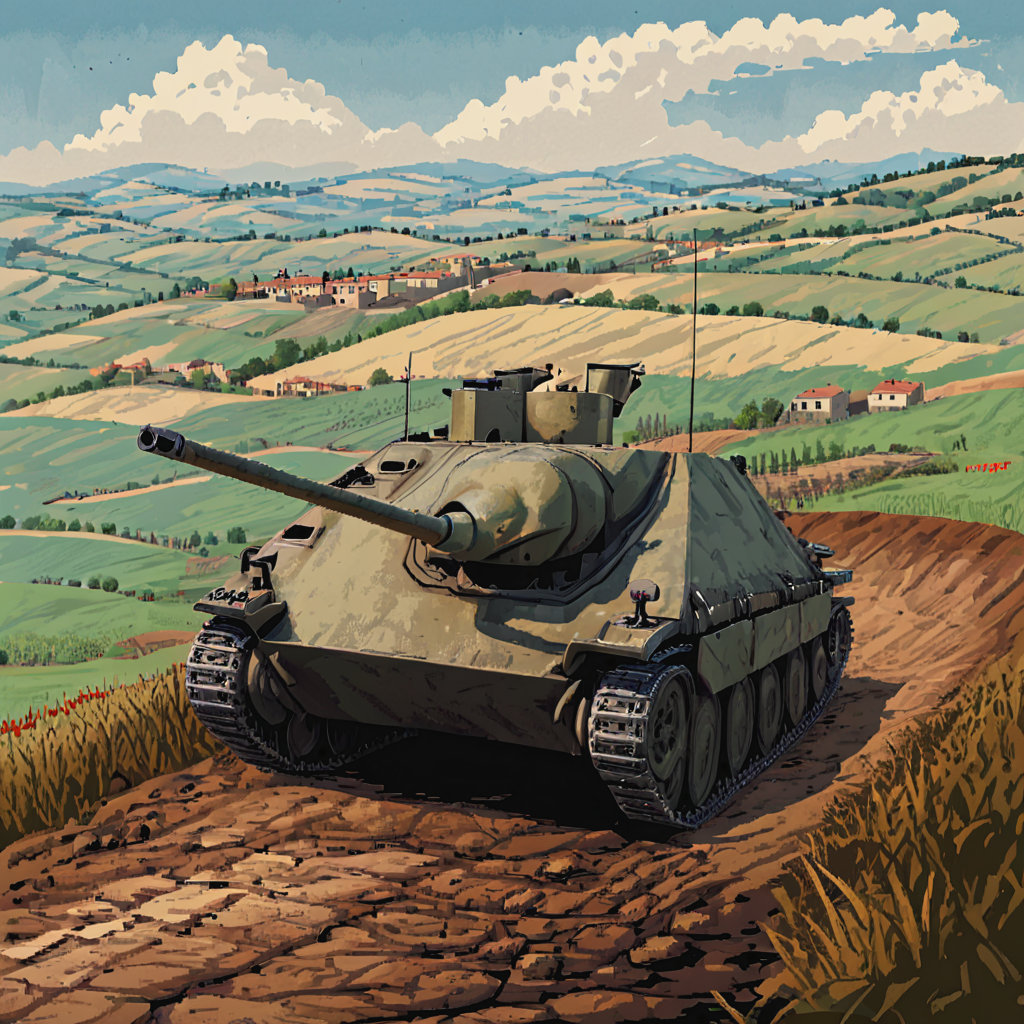 A htztnk tank positioned on the rolling hills of the Italian countryside, providing support to German infantry as they defend against Allied advances. The picturesque but contested landscape, with vineyards and olive groves, contrasts with the harsh realities of war  ((pulp_comic, heavy_lines, hand_drawn, hand_inked, hand_colored, perfect_face, apxlz))