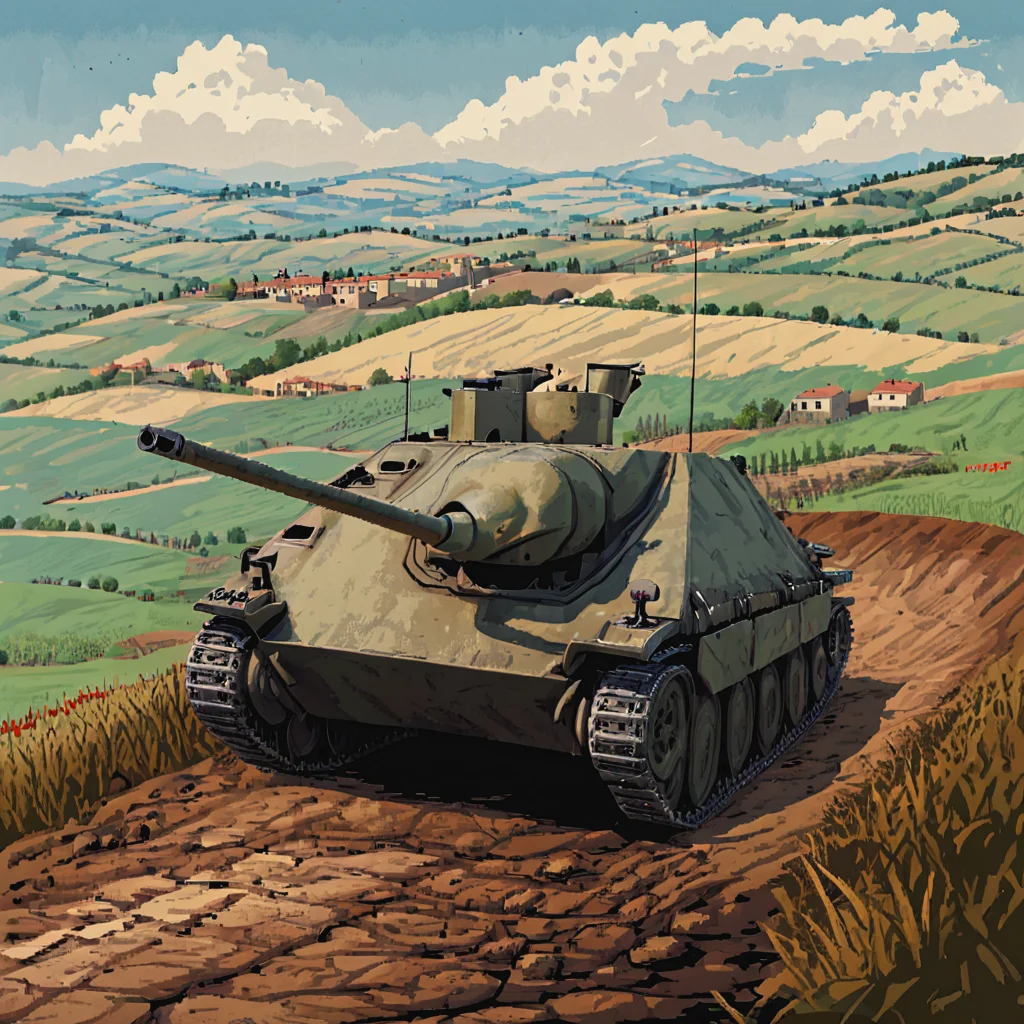 A htztnk tank positioned on the rolling hills of the Italian countryside, providing support to German infantry as they defend against Allied advances. The picturesque but contested landscape, with vineyards and olive groves, contrasts with the harsh realities of war ((pulp_comic, heavy_lines, hand_drawn, hand_inked, hand_colored, perfect_face, apxlz))