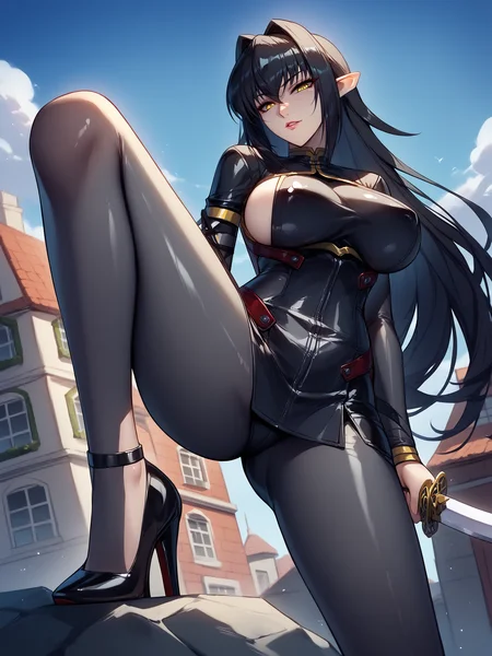 score_9, score_8_up, score_7_up, score_6_up, score_5_up, BREAK,
Annerose is stepped on rock and holding katana, holding, katana, stepping, leg up, from below, close-up,
pointy ears, 1girl, solo, cowboy shot,
looking at viewer, parted lips, self-confidence, confident, raised eyebrows,
black hair, long hair, yellow eyes,
black bodysuit, turtleneck, sideboob, skin tight, high heels, shiny,
curvy, large breasts, thighs,
rooftop, sky, village,
<lora:Annerose3216XL:1> <lora:nai3_check2:1>