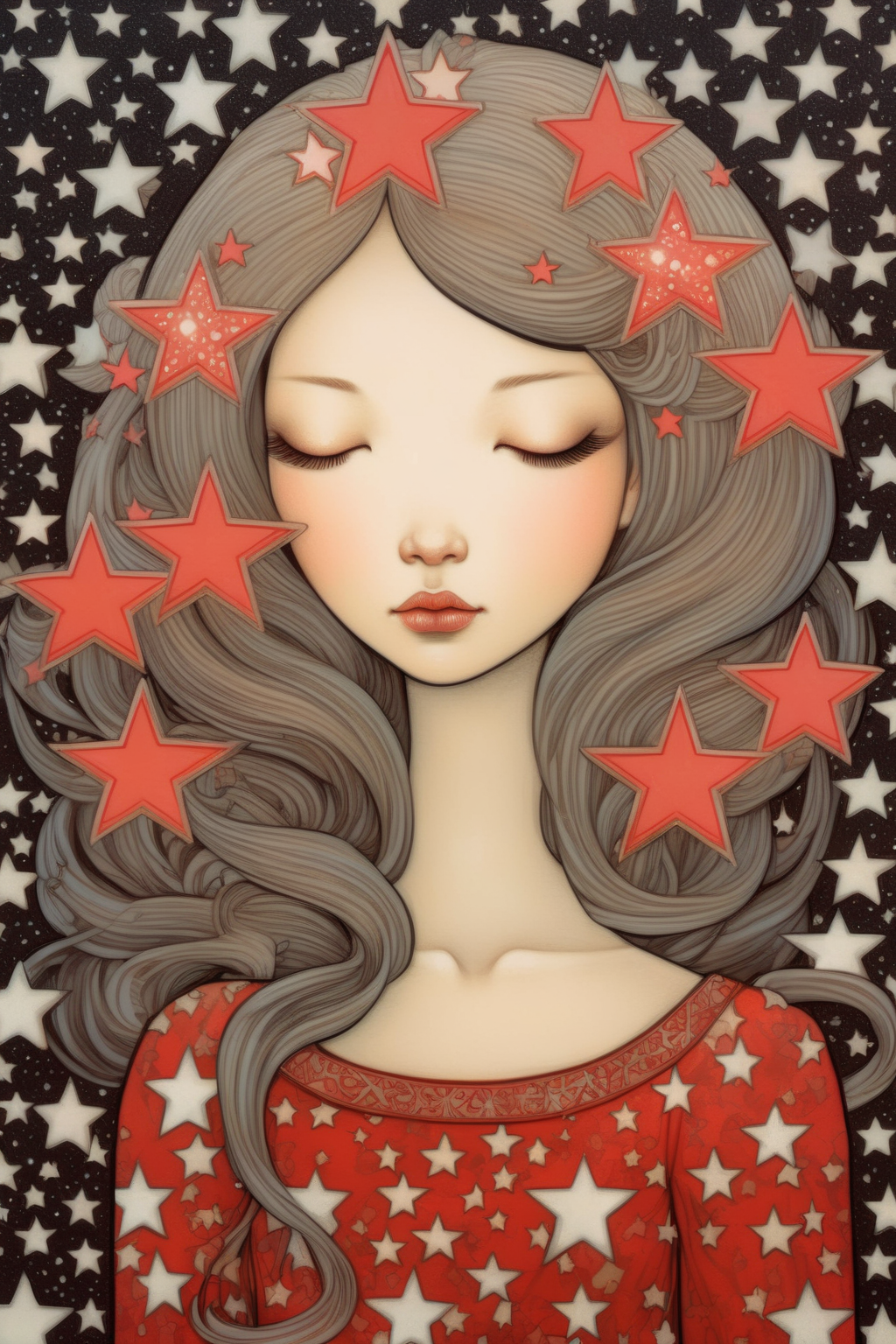 <lora:Audrey Kawasaki Style:1>Audrey Kawasaki Style - queen night firefly moonlight flower red star silver audrey kawasaki