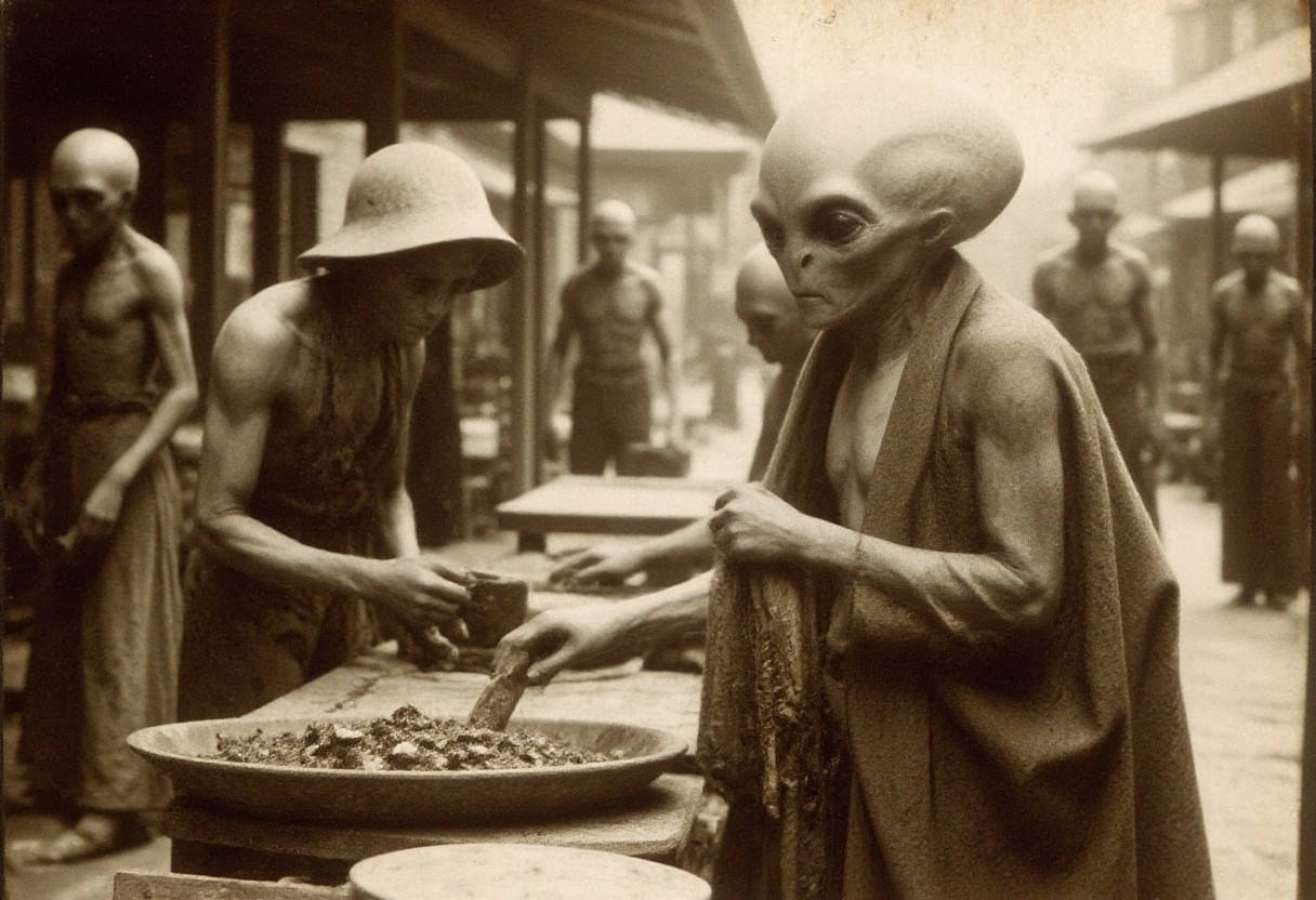 An aged worn sepia monochrome 1800s photograph of (a time traveling (alien)), bartering with merchants in a bustling 1800s marketplace., detailmaximizer