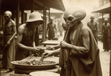 An aged worn sepia monochrome 1800s photograph of (a time traveling (alien)), bartering with merchants in a bustling 1800s marketplace., detailmaximizer