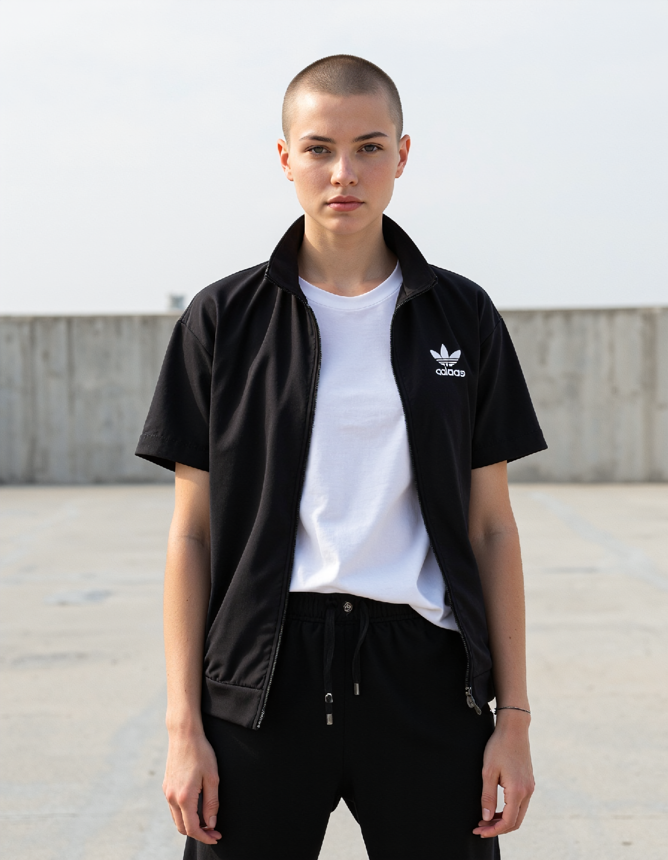 Fashion editorial photography of a young woman with a shaved head, dressed in a black Adidas tracksuit and a white t-shirt, confidently standing directly facing the camera; shot outdoors against a plain, blurry background, capturing the vibrant colors and fine grain of Fujicolor Superia X-TRA 400 film, using a Canon DSLR with a prime lens for a shallow depth of field.