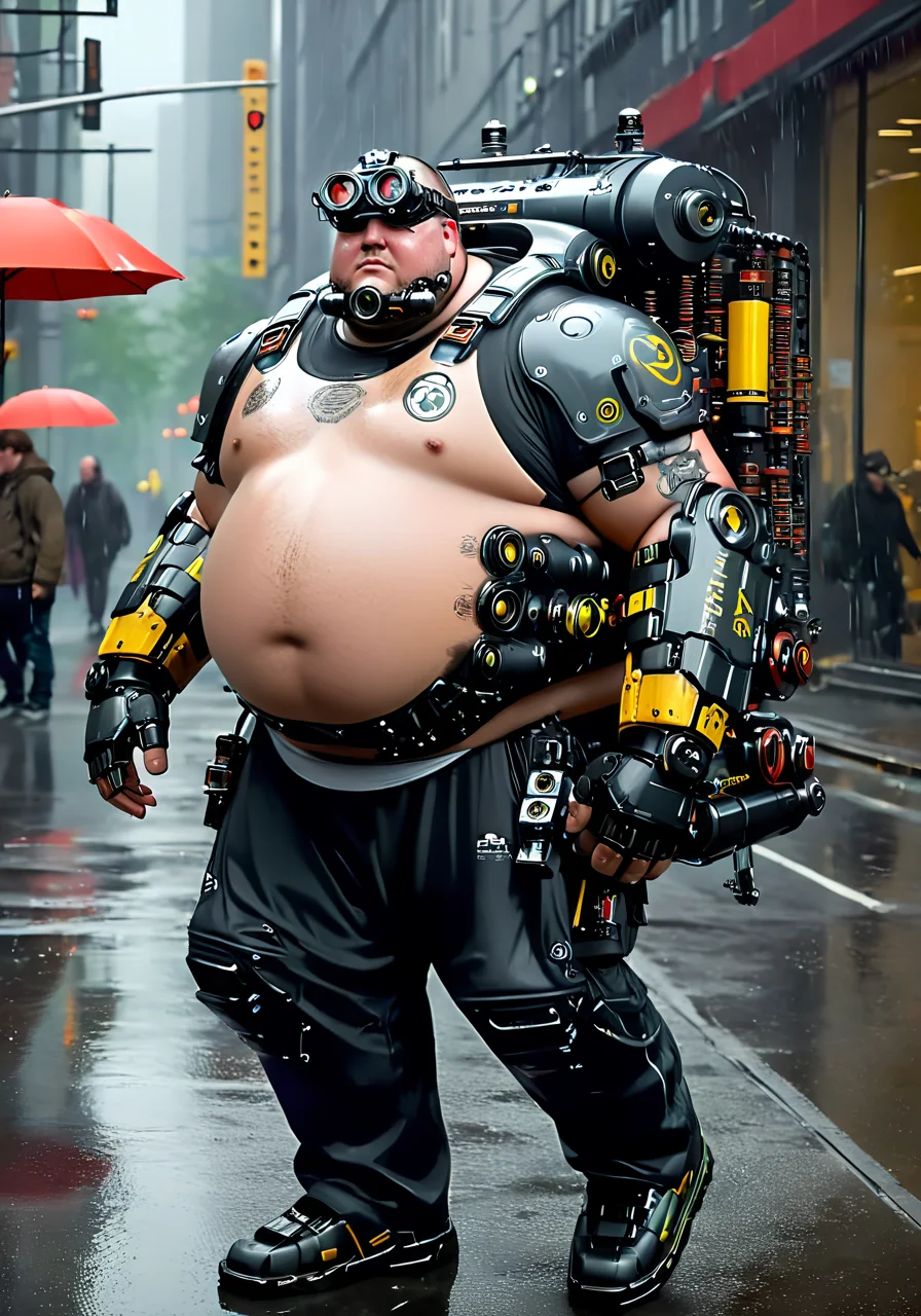 a fat cyborg man, <lora:excybertechsdxl:1>, excybertechsdxl, best quality, masterpiece, mechanical parts, detailed, intricate, robotic arms, large backpack, goggles, reflections, rain, arm cannon, cybernetic jaw