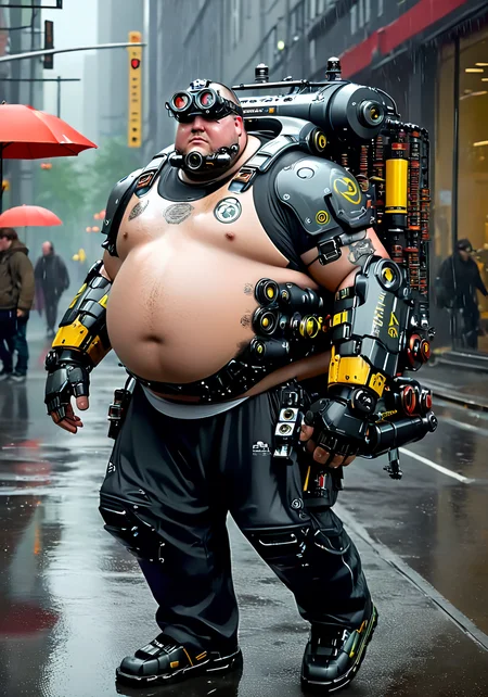 a fat cyborg man, <lora:excybertechsdxl:1>, excybertechsdxl, best quality, masterpiece, mechanical parts, detailed, intricate,  robotic arms, large backpack, goggles, reflections, rain, arm cannon, cybernetic jaw