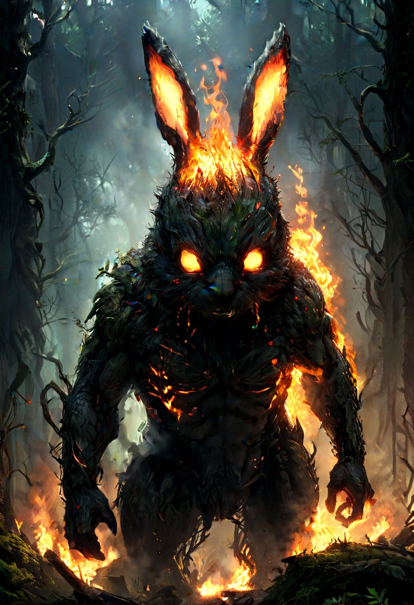 a bunny beast glowing and burning the body, angry, inside of forest, hyper detailed, detailed eyes, scifi,  dark, horror, best quality, high resolution