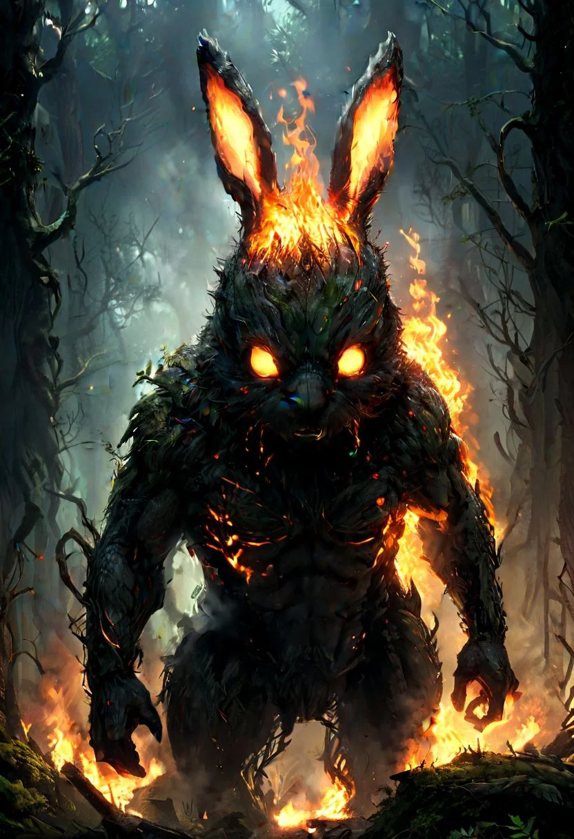 a bunny beast glowing and burning the body, angry, inside of forest, hyper detailed, detailed eyes, scifi, dark, horror, best quality, high resolution