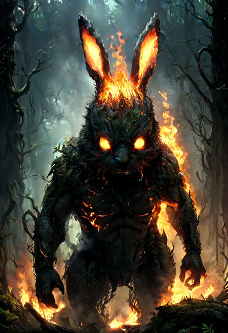 a bunny beast glowing and burning the body, angry, inside of forest, hyper detailed, detailed eyes, scifi,  dark, horror, best quality, high resolution