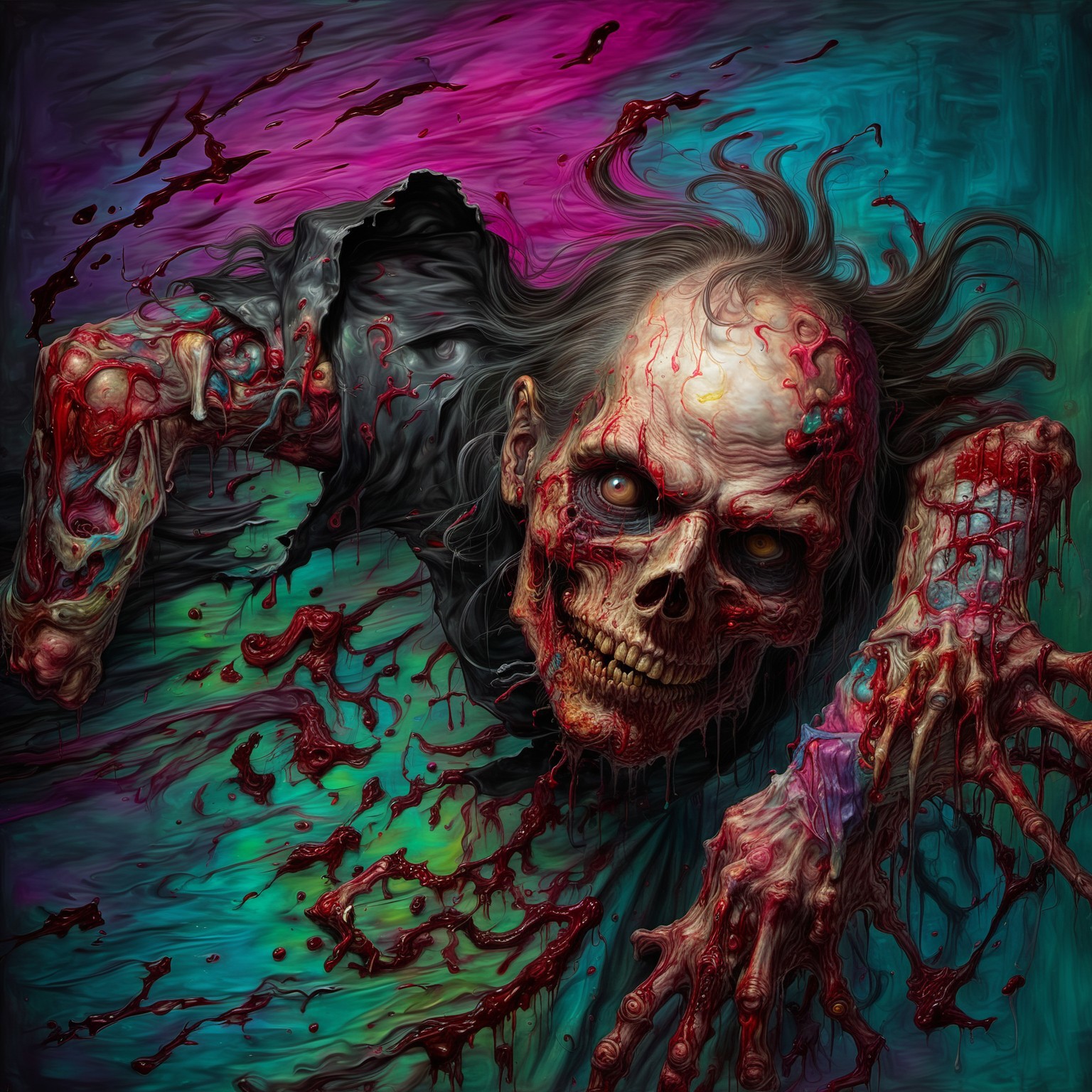 death metal album cover, horror, gore, rotting corpse, looking at viewer, disgusting, guts, ripping guts out, exaggerated, painting, brush strokes, colorful, bright
