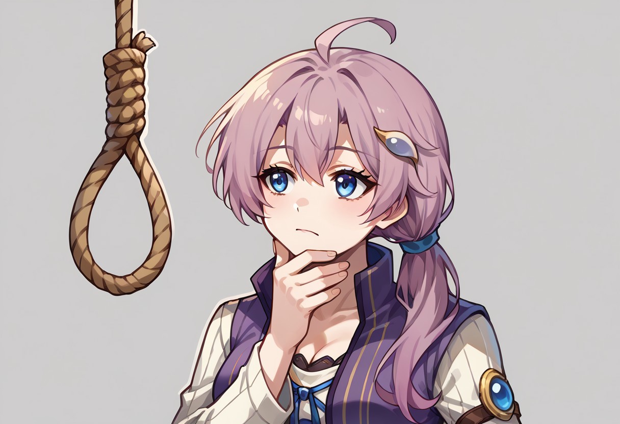 score_9, score_7_up, BREAK,  emmacs3, hair ornament, long sleeves, purple coat, sleeveless long coat, white shirt, <lora:emma-rebake3:0.9>, cleavage, blue eyes, <lora:thinkingnoosev1:1>, thinkingnoose, noose, hand on own chin, solo, thinking, rope