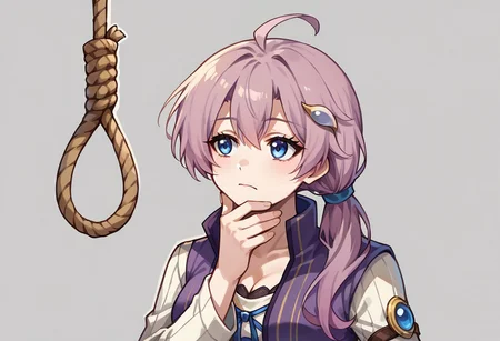 score_9, score_7_up, BREAK,  emmacs3, hair ornament, long sleeves, purple coat, sleeveless long coat, white shirt, <lora:emma-rebake3:0.9>, cleavage, blue eyes, <lora:thinkingnoosev1:1>, thinkingnoose, noose, hand on own chin, solo, thinking, rope