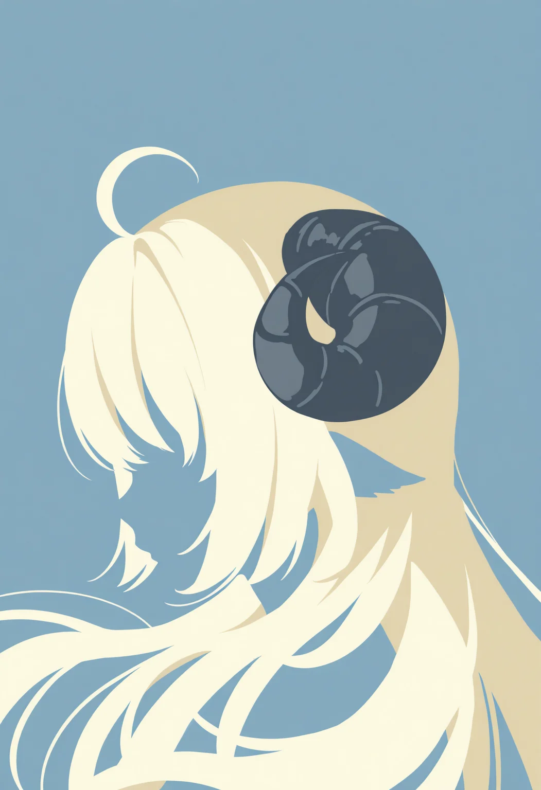 masterpiece, best quality, 1girl, solo, W4tame, horns, blonde hair, long hair, ahoge, vector art, simple background, no lineart, silhouette, portrait, no eyes, from side, <lora:ChamTsunomakiWatameNoob:1>