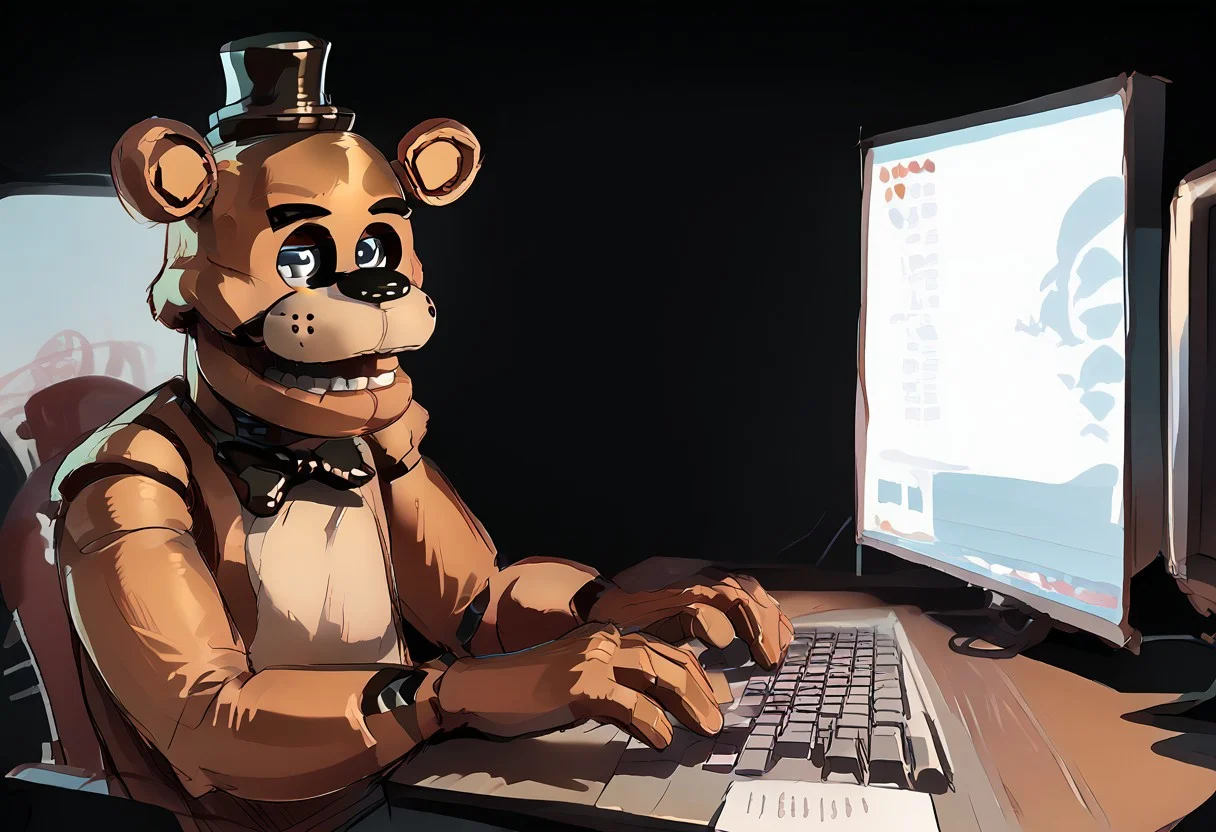 score_9, score_8_up, score_7_up, score_6_up, score_5_up, typ1ng, sitting, keyboard (computer), monitor, freddy, sketch,,