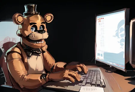 score_9, score_8_up, score_7_up, score_6_up, score_5_up, typ1ng, sitting, keyboard (computer), monitor, freddy, sketch,,