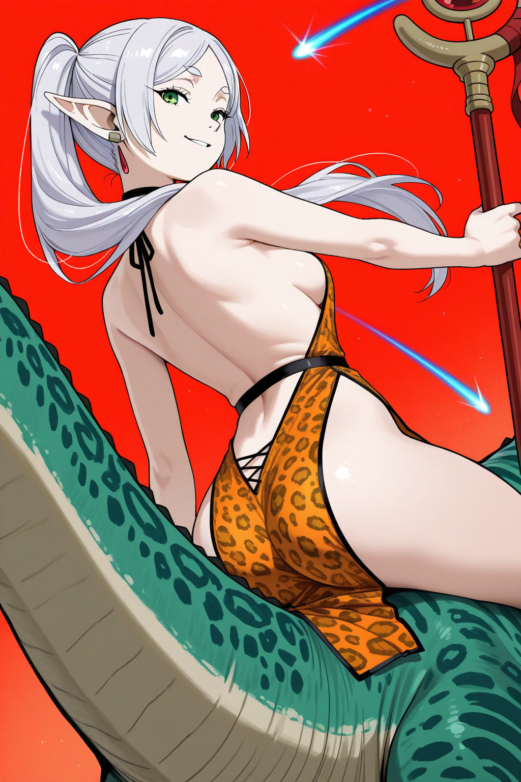 1girl, frieren, sousou no frieren, alternate costume, animal print, arched back, ass, backless dress, backless outfit, bare back, bare shoulders, breasts, comet, dinosaur, dress, earrings, elf, green eyes, holding, holding staff, jewelry, leopard print, long hair, looking at viewer, looking back, medium breasts, orange dress, parted bangs, pelvic curtain, pointy ears, print dress, red sky, riding, riding dinosaur, sideboob, sky, smile, smirk, staff, teeth, twintails, very long hair, white hair, masterpiece, best quality, absurdres
