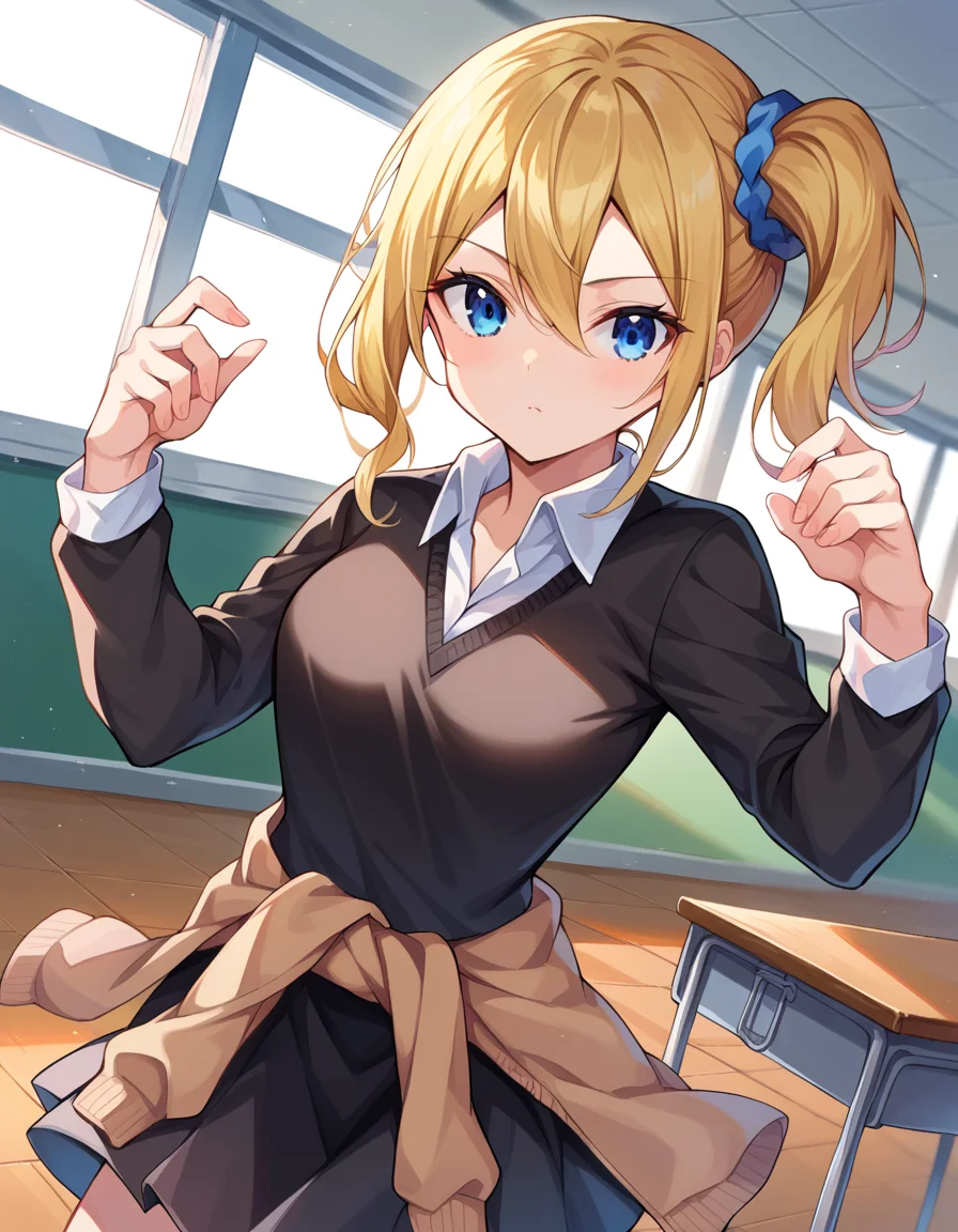 score_9, score_8_up, score_7_up, source_anime,
aihayasaka, <lora:ai-hayasaka-ponyxl-lora-nochekaiser:1>,
ai hayasaka, bangs, blue eyes, blonde hair, hair ornament, hair between eyes, sidelocks, side ponytail, scrunchie, hair scrunchie, blue scrunchie,
shirt, long sleeves, school uniform, shoes, socks, sweater, cardigan, black socks, clothes around waist, shuuchiin academy school uniform, sweater around waist, cardigan around waist,
indoors, classroom,
looking at viewer, cowboy shot, dutch angle, dynamic pose,