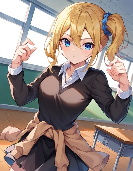 score_9, score_8_up, score_7_up, source_anime,
aihayasaka, <lora:ai-hayasaka-ponyxl-lora-nochekaiser:1>,
ai hayasaka, bangs, blue eyes, blonde hair, hair ornament, hair between eyes, sidelocks, side ponytail, scrunchie, hair scrunchie, blue scrunchie,
shirt, long sleeves, school uniform, shoes, socks, sweater, cardigan, black socks, clothes around waist, shuuchiin academy school uniform, sweater around waist, cardigan around waist,
indoors, classroom,
looking at viewer, cowboy shot, dutch angle, dynamic pose,