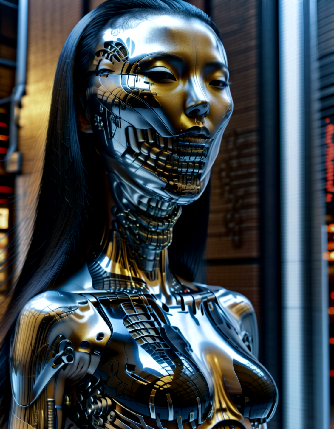 biomechanical cyberpunk (close up, portrait:1.1) cyberpunk style, asian female with chorme skin, (full body:1.331), hightech_robotics (Pinhead:1.1) (Hellraiser) with light in his eyes and dark smoke around his body, (white head:1.3), (neon crisscrossing fine lines on face:1.2), (many neon pins pricked the entire head), BREAK stands still in a back alley, looking out to the crowded main street with neon sign, he is hoping to find the next victim, outdoors, high-tech cyberpunk nightcity background, (unreal engine), ray tracing, dynamic light, godrays, reflections, fisheye view, from below angle, long distance shot, hyper detailed, high quality, neon, dystopian, futuristic, digital, vibrant, detailed, high contrast, reminiscent of cyberpunk genre, (by h.r. giger:1.05), muscular, ,, . cybernetics, human-machine fusion, dystopian, organic meets artificial, dark, intricate, highly detailed
