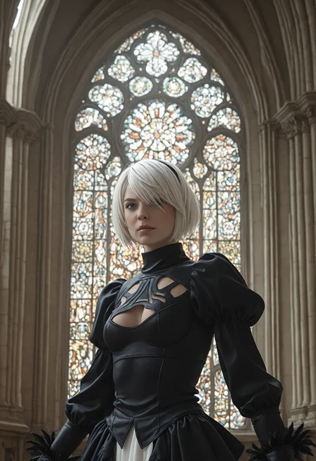 upperbody photo, 2b1x, blue eyes, white hair, action pose, indoors, stained_glass_window,cathedral, heroic,cinematic,photorealistic,absurdres,4K,amazing color depth,vivid contrast,, masterpiece,closeup on face