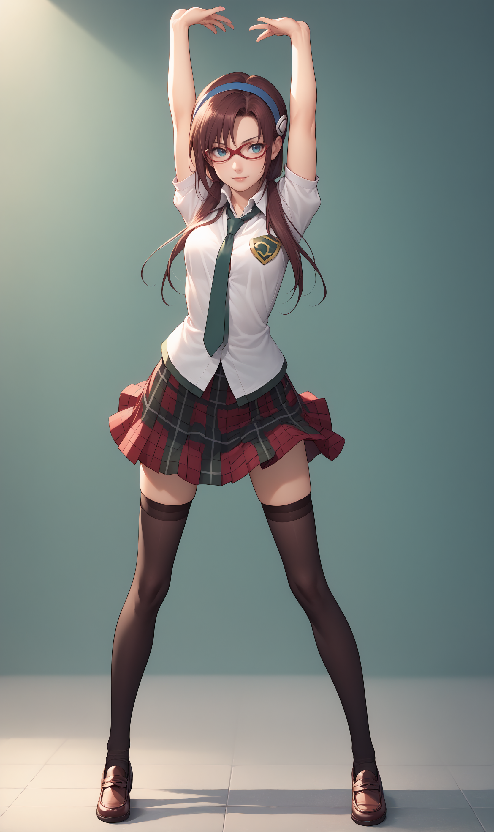 scrore_9, score_8_up, score_7_up, full body, source_anime, <lora:Degen_Mari_v14-000009:1> <lora:concept_cammystretch_xl:1> cammystretch, stretching, leaning forward, arms up, mari-school, red-framed eyewear, hairband, untucked shirt, green necktie, plaid skirt, zettai ryouiki, thighhighs, loafers,