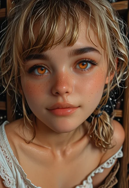 ((source_photo, source_real, hyper-realistic, photorealism, high detailed, high quality, masterpiece, photography, photorealistic, 8k detail)), detailed illustration or photorealistic style, Full body portrait, Facing the observer; inside a typical medieval beverage warehouse, wooden floor; Ines: (tall: 142cm,) ((cute round innocent face)), ((pale white skin 1.8)), ((golden amber eyes 1.3)), ((short ponytail, blonde hair)), (soft skin), (medium perky breasts 1.1), (medium round ass), (petite body); Wearing a simple and poor medieval waitress uniform: (white medieval long skirt), ((white medieval chemise)), (blue corset), no panties, (bare shoulders and bare thighs), brown leather sandals; She is standing near a rustic wooden counter; eye_focus, close-up, solo, looking_at_viewer, Stable_Yogis_PDXL_Negatives, Stable_Yogis_PDXL_Positives, detailed eyes,, perfect eyes,, freckles,, perfect skin texture, photorealistic eyes,, artist:moriimeeeye_focus, close-up, solo, looking_at_viewer, Stable_Yogis_PDXL_Positives, detailed eyes,, perfect eyes,, freckles,, perfect skin texture, photorealistic eyes,, artist:moriimee