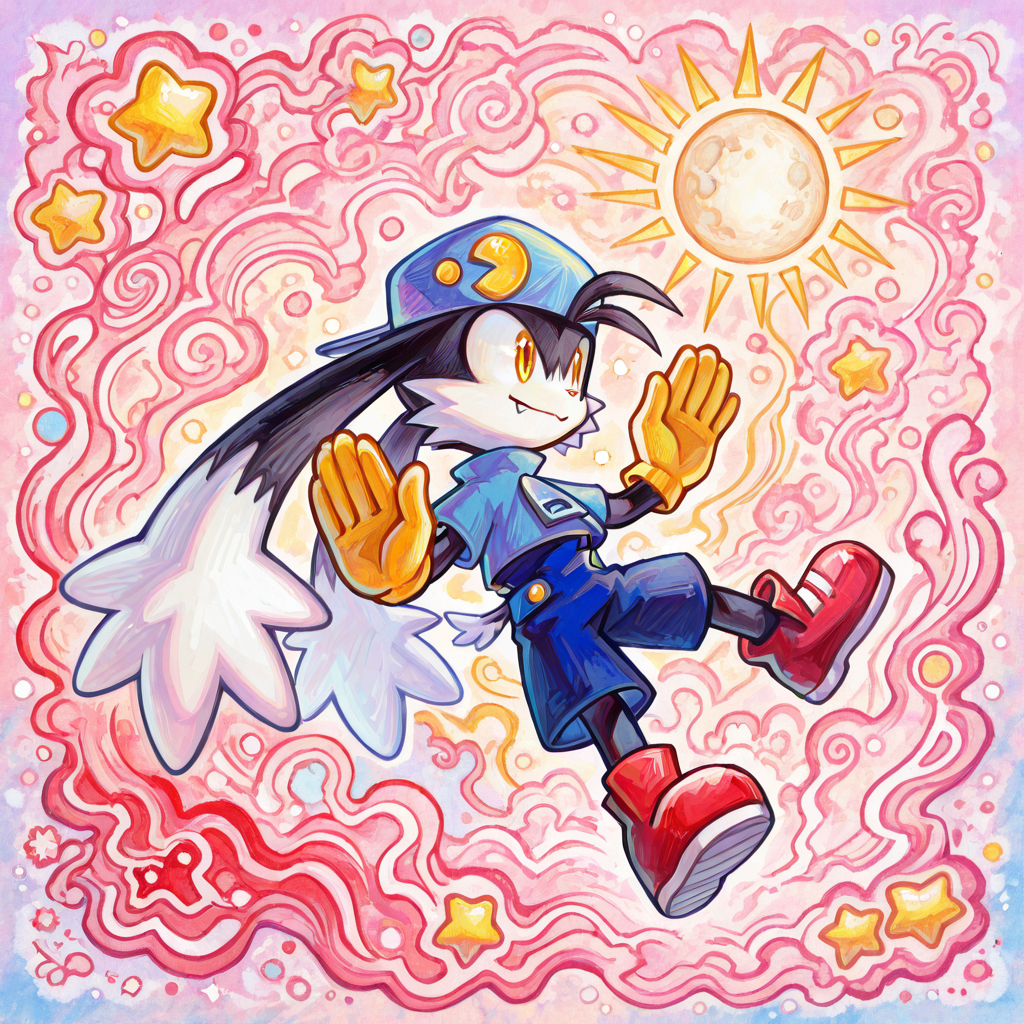 highres, incredible quality, 2d, watercolor, detailed face:1, detailed eyes:1, detailed hands, detailed eyes, good anatomy, 1boy, anthro, furry, furry male,source_anime,pastel colors,ynistyle,klonoa, black fur, yellow eyes,yellow gloves,blue hat,blue shirt,blue shorts,red shoes, action pose, looking away, fangs, smile, happy, closed mouth, dynamic angle, abstract background, pink theme, stars, hands down, sun, moon