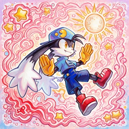 highres, incredible quality, 2d, watercolor, detailed face:1, detailed eyes:1, detailed hands, detailed eyes, good anatomy, 1boy, anthro, furry, furry male,source_anime,pastel colors,ynistyle,klonoa, black fur, yellow eyes,yellow gloves,blue hat,blue shirt,blue shorts,red shoes, action pose, looking away, fangs, smile, happy, closed mouth, dynamic angle, abstract background, pink theme, stars, hands down, sun, moon
