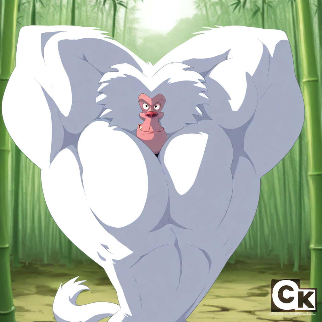 absurdres, masterpiece, 4k, 8k, cinematic lighting, dynamic posing BREAK Baboon, white fur, primate, villain, 1boy, solo, arms down, smile, looking at viewer, pointing at viewer, large muscles, large pectorals, facing front BREAK bamboo forest