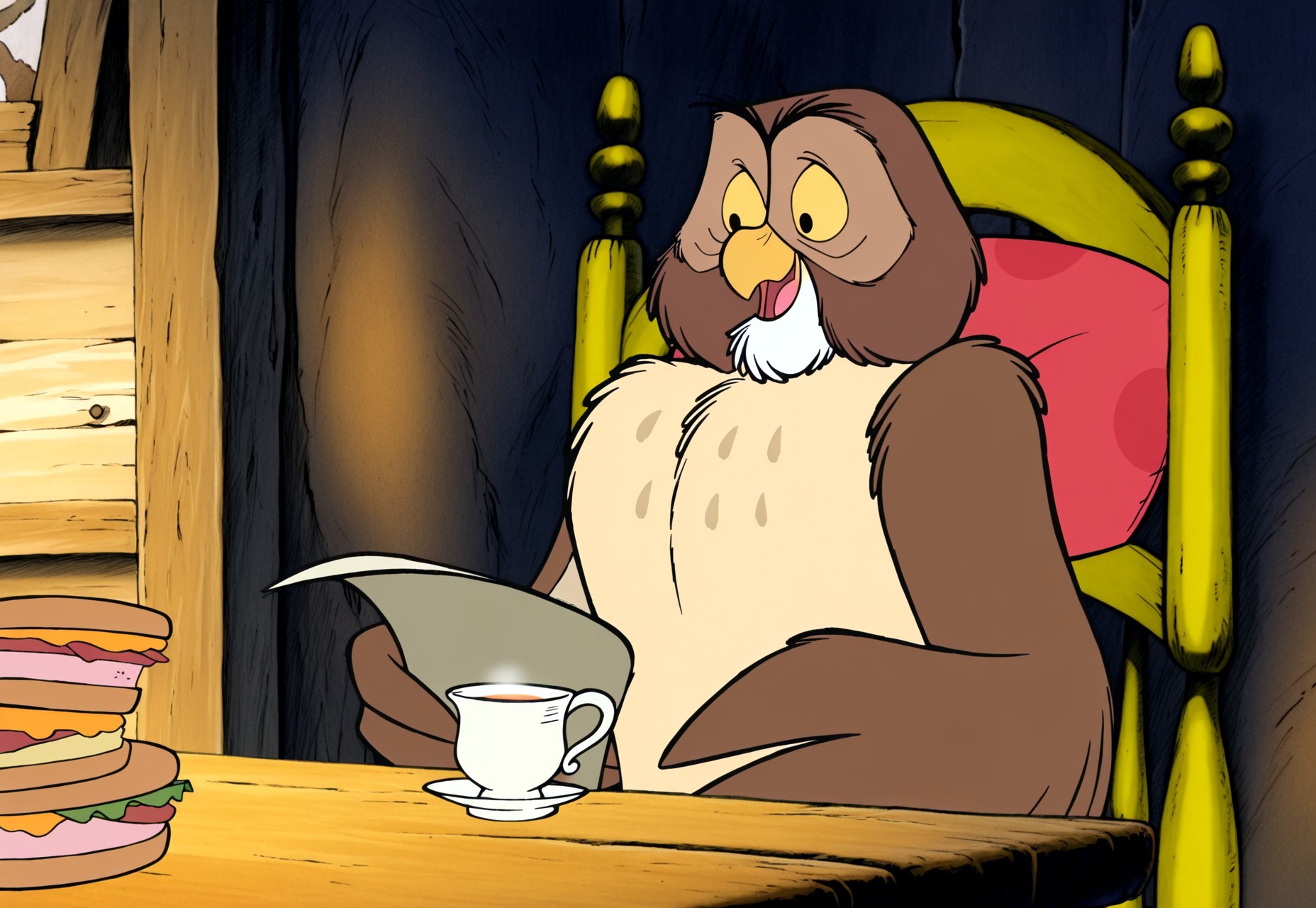 masterpiece, absurdres, highres, (anime screencap:2, anime coloring:2), official art, accurate art style, very aesthetic, flat colors, official screencap, style parody, WinnieThePooh_Character_And_Style, TiggerMovie, The Tigger Movie, retro artstyle, 2000s \(style)\, sketchy lines:2, proper proportions, BREAK, 1boy, Owl, sitting, reading a book, smiling, goatee, open mouth, BREAK, detailed background, indoors, table, sandwiches, tea cup, bookshelves, cushion chairs, BREAK, full body, cowboy shot, BREAK, vibrant colors, bloom, vignette, cinematic lighting, 75% soft lighting, 25% dark lighting
