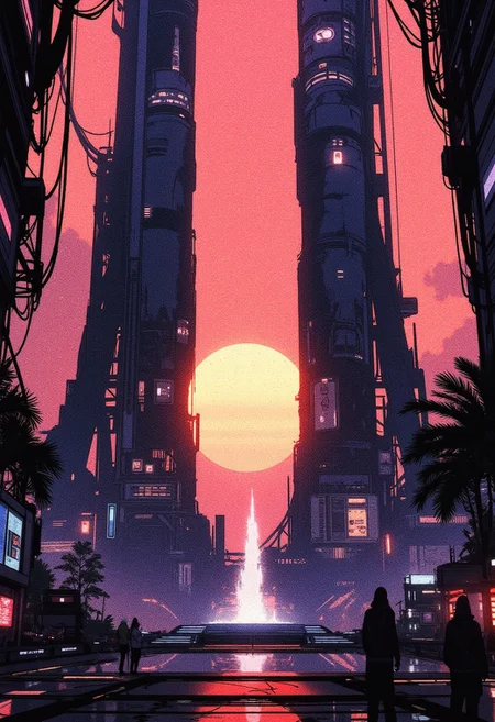 A digital anime artwork in the style of cklg, A digital painting in the style of ck-js, tall, curved obsidian and smoked glass towers in a cyberpunk sci-fi plaza, in front of a pond with a fountain, dark and imposing, silhouetted in a neon-hued sunset, reflected in the water