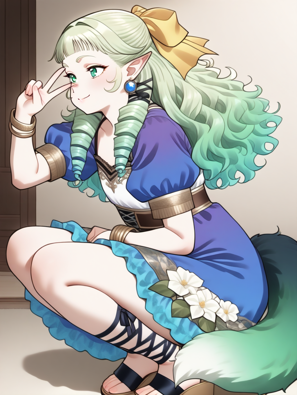 perfect quality,best quality,absolutely eye-catching,ambient occlusion,raytracing BREAK
1girl,<lora:SO4pafy IL v1.2:1>,SO4pafiy,green eyes,green hair,wavy hair,drill sideburns,hair ribbon,pointy ears,earrings,bracelet,green gradient dog tail,white flower on skirt,sandals,black cross-laced legwear,blue puffy short sleeves,ankle lace-up,lace trim,single flower,blue dress,smile,blouse,, from side, looking away,upper_body,on_back,v,curvy,squatting,