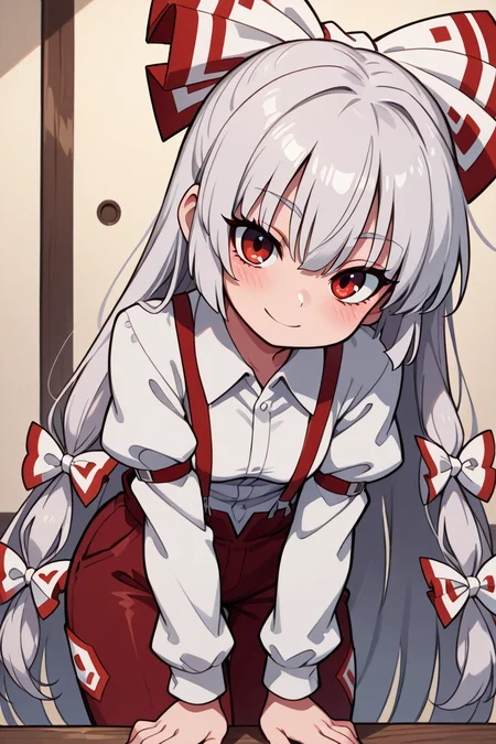 masterpiece, best quality, 1girl, solo, 21 year old model, eyelashes, (beautiful eyes), ,,, <lora:FujiwaraNoMokouTouhouIXL:1.0>, zzMokou, red eyes, hair between eyes, grey hair, hair bow, hair ribbon, long hair, very long hair, white hair bow, suspenders, white shirt, shirt, long sleeves, pants, white bow, red pants, collared shirt,,,, smile, looking at viewer, leaning forward, head tilt, blush,,, <lora:GoldenCATLoraIXL:0.6>, <lora:ZankuroIXLLight_v2:0.6>, <lora:princess_xl_v2:0.3>,