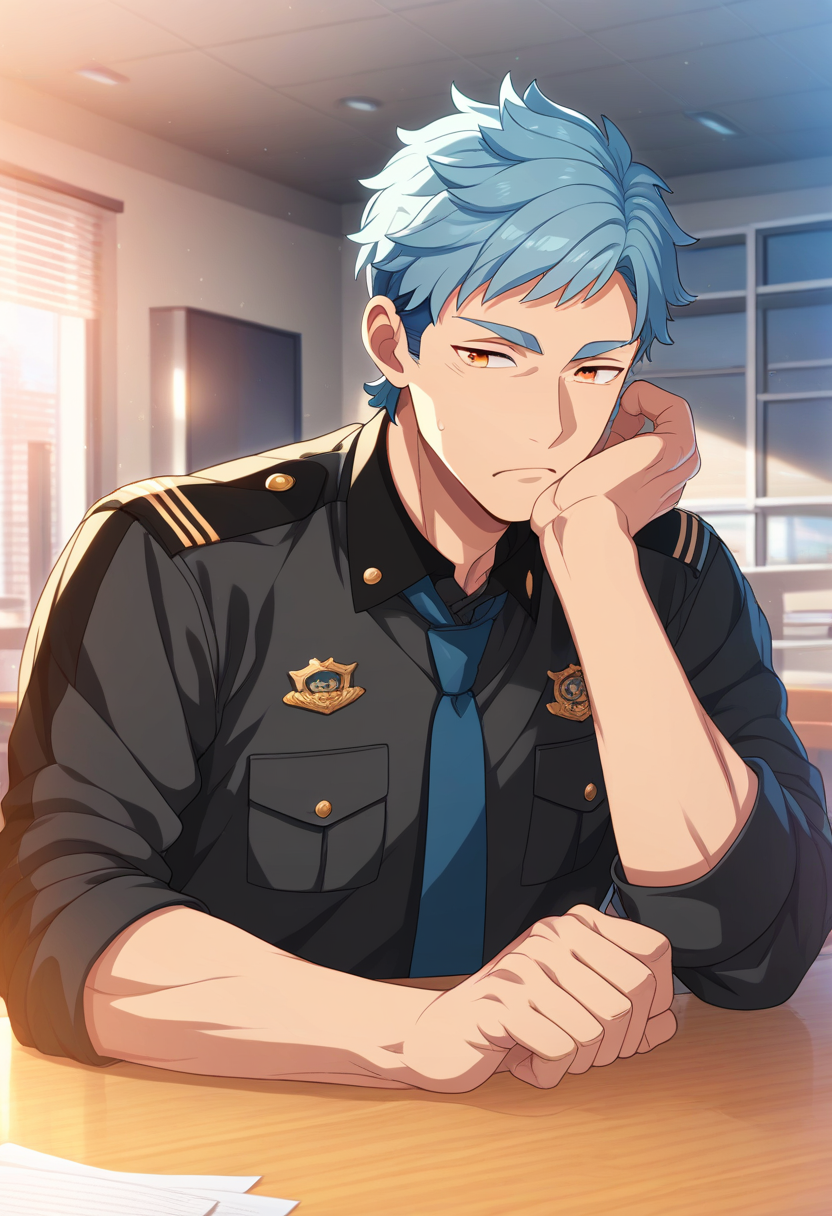 1boy, male focus, 
<lora:Character_-_Helios_Rising_Heroes_-_Asch_Albright:1> asch, blue hair, orange eyes,  
((zPDXL)), score_9_up, score_8_up, score_7_up, score_6_up, score_5_up, score_4_up, best quality, amazing quality, best aesthetic, absurdres, year2023, nsfw, game cg,  official art, official style, anime screencap,
indoor, office, desk, sitting on desk, police uniform, blue necktie, upper body,