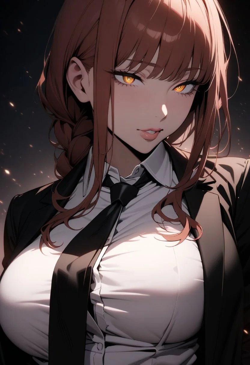 (masterpiece), (best quality), (ultra-detailed),
1girl, solo, gorgeous lips, an elegant face,
light particle, particle, shadow, Makima,Chainsaw Man, detailed lips , black detailed pupils, puffy lips, wide lips thick lips, big lips, large lips, parted clothes , open clothes, neckline , black necktie, tight white shirt
