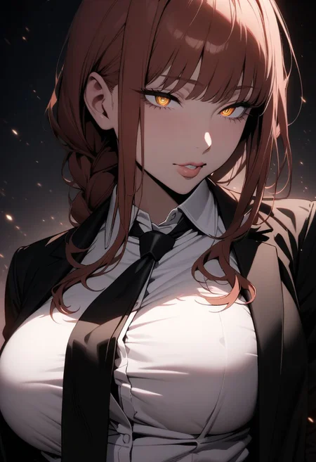 (masterpiece), (best quality), (ultra-detailed), 
1girl, solo,  gorgeous lips, an elegant face, 
light particle, particle, shadow, Makima,Chainsaw Man, detailed lips , black detailed pupils, puffy lips, wide lips thick lips, big lips, large lips, parted clothes , open clothes, neckline , black necktie, tight white shirt